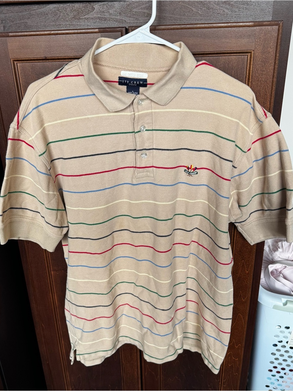 Ivy Crew Vintage 90s Striped Pique Polo Shirt Beige Tan Large